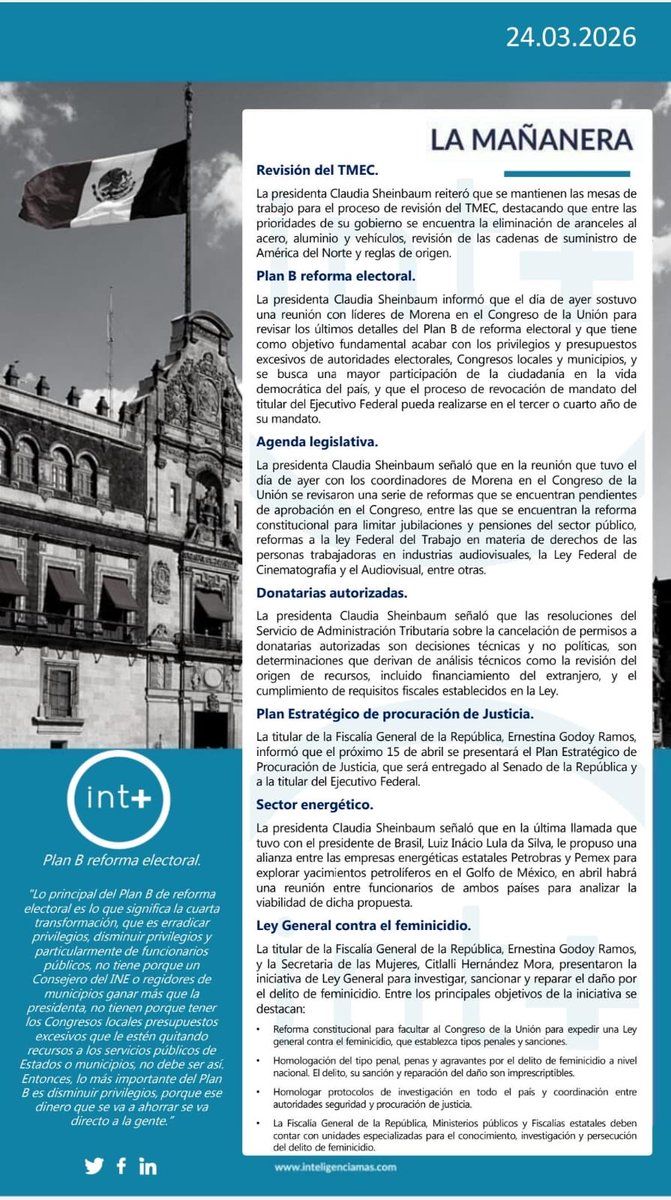 Inteli_Mas's tweet photo. #Revisión del TMEC, #Plan B reforma electoral, agenda #legislativa, #donatarias autorizadas, Plan Estratégico de procuración de #Justicia, sector energético, Ley General contra el #feminicidio.
Conoce todo lo que se compartió desde #LaMañanera📢 en nuestro #reporte diario. https://t.co/H0CU66zRos