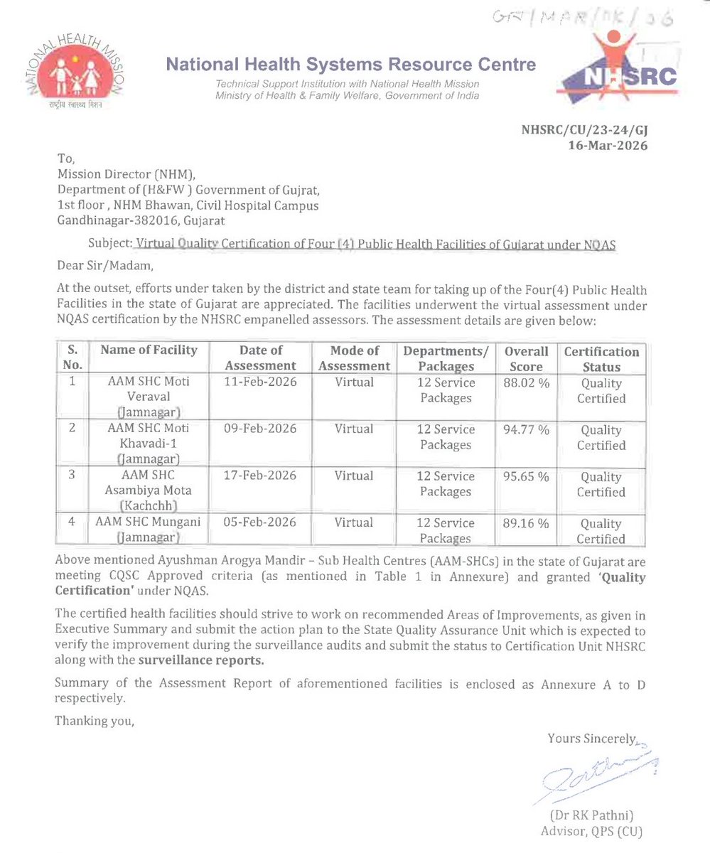 સરહદી જિલ્લા કચ્છમાં માંડવી તાલુકાના AAM આસંબિયા મોટાએ NQAS અંતર્ગત 12 સેવા પેકેજ સાથે 95.65% સ્કોર મેળવી રાષ્ટ્રીય ગુણવત્તા પ્રમાણપત્ર મેળવ્યું 🎉 આ સિદ્ધિ ગુણવત્તાયુક્ત આરોગ્ય સેવાઓ પ્રત્યેની ટીમની પ્રતિબદ્ધતા દર્શાવે છે 👏
#NQAS #QualityHealthcare #Kutch #Mandvi