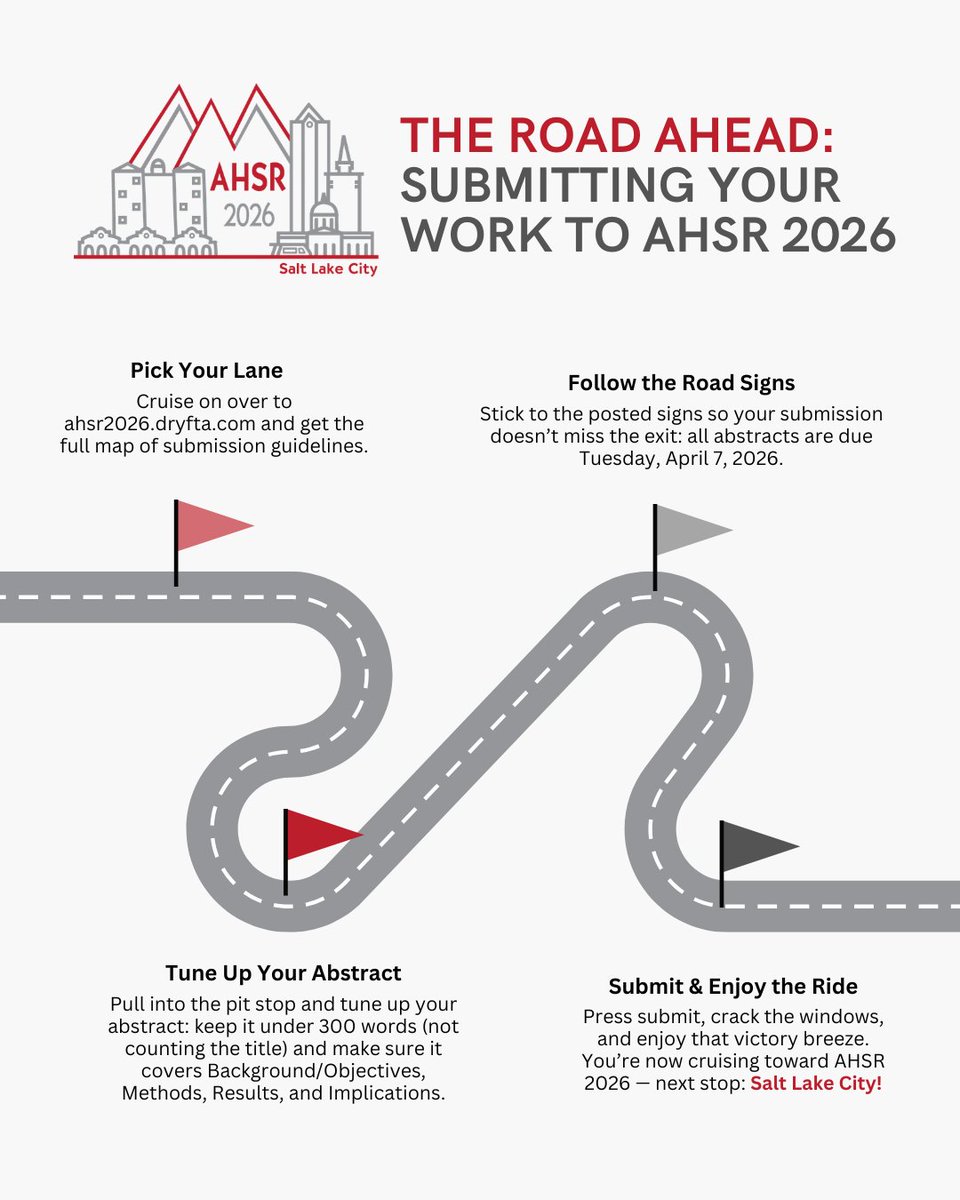 AHSRConference's tweet photo. Ready, set, submit! 🚗✨ You’ve got 2 weeks until #AHSR2026 abstract submissions close on April 7. The road is short, the steps are easy, and Salt Lake City awaits. 🌄 Hit submit today at https://t.co/aTTFm2kIjD. https://t.co/Eyck6aoaR9