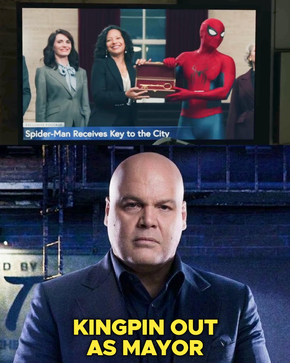 In this shot, the campaign manager of Kingpin from ‘DAREDEVIL: BORN AGAIN’ is giving Peter the “Key to the City.”

Now, this detail might seem simple, but it’s actually a major spoiler for ‘DAREDEVIL: BORN AGAIN’ Season 2.

First thing — this award is usually presented by a mayor