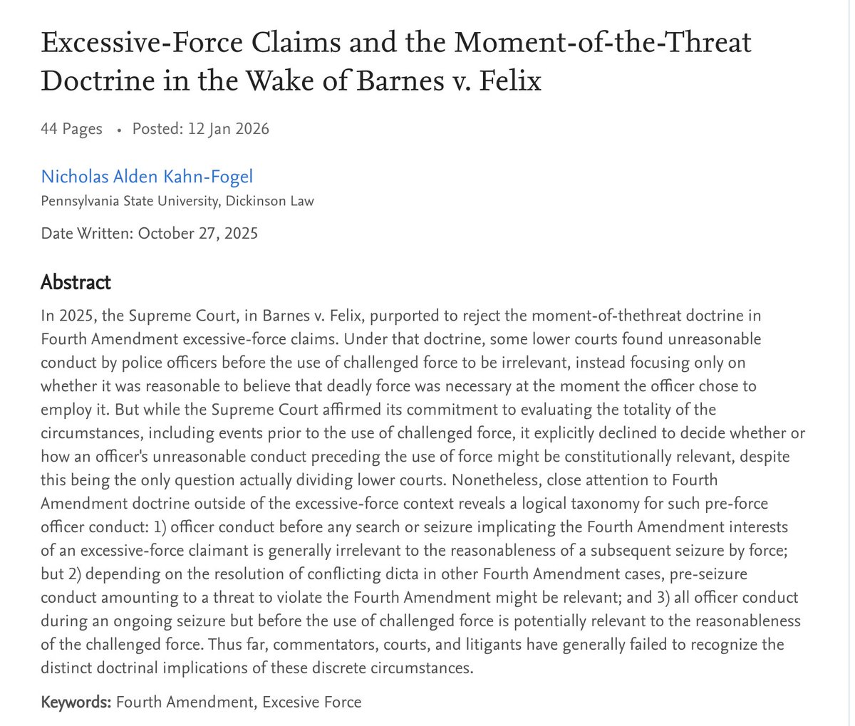 KahnFogel's tweet photo. I'm very happy to share that my new article, Excessive-Force Claims and the Moment-of-the-Threat Doctrine in the Wake of Barnes v. Felix, is forthcoming in the William &amp; Mary Bill of Rights Journal. @wmborj. 

https://t.co/2hYwsvMDGx https://t.co/iMltfkAgm9