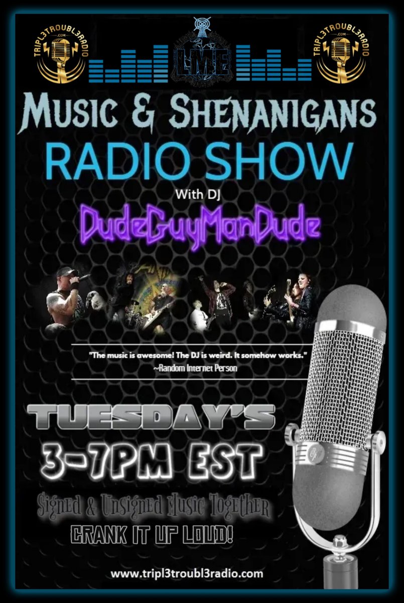LocalMusicEarth's tweet image. 🚨3pmEST🚨
The #Music &amp;amp; #Shenanigans #RadioShow is #Live on @RadioTripl3 for #TwistedTuesday.
Featuring: #NewMusic, #Requests &amp;amp; laughs a plenty!
#TuneIn &amp;amp; #Chat:
📻: Tripl3Troubl3Radio.com

#Radio #Livestream #GenreFluid #LocalMusic #NationalMusic #GlobalMusic #420Block #CrankIt