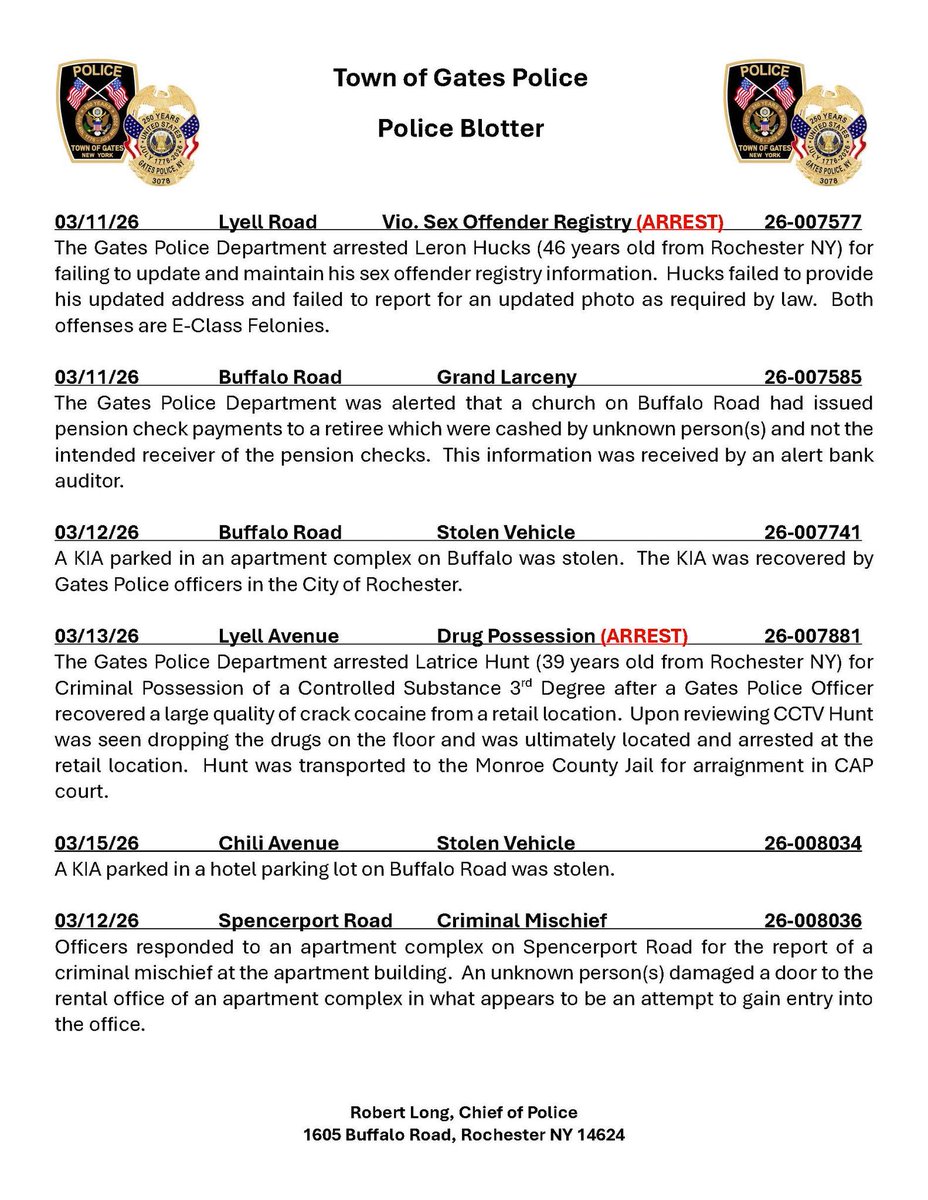 ROCHNYCRIMEINFO's tweet image. #ROC #RochesterNY #GatesNY 
@sfj8888 @acoffey3216 @GatesPolice 
Gates Police Blotter