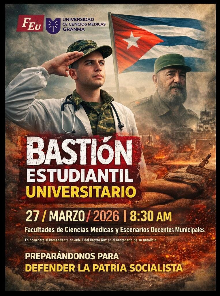 🔥🇨🇺 Este 27 de marzo es el momento de demostrar de qué estamos hechos 
🎓 Estudiantes de Ciencias Médicas:
la Patria confía en nosotros
🕗 8:30 AM
📍 Facultades y escenarios docentes municipales
👊 Preparados, firmes y comprometidos
¡por Fidel, por la Revolución y por Cuba! 🇨🇺🔥