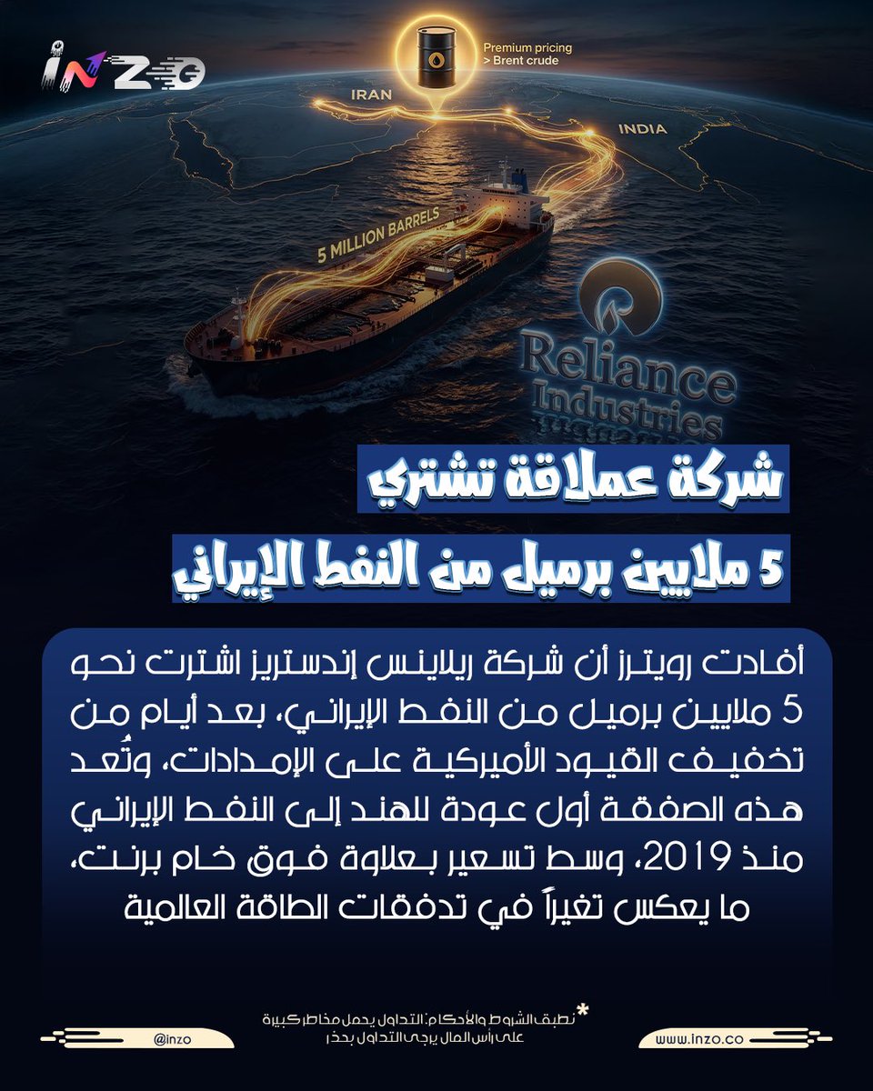 inzoarabic's tweet image. صفقة نفطية تعيد إيران إلى الواجهة تابعوا انزو لكل جديد في أسواق الطاقة
#انزو #inzo #نفط #الطاقة #تداول