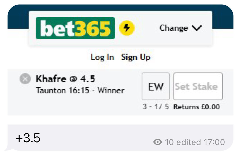 PuntFiction's tweet photo. KHAFRE goes and does it for us in the 16:15 Taunton!! Bolts it up. Also had tipped Siam park who just got done for 2nd, little unlucky as would have had an extra few points there. Oh well wins a win.

#Taunton #HorseRacing https://t.co/JUIJmhMB1R
