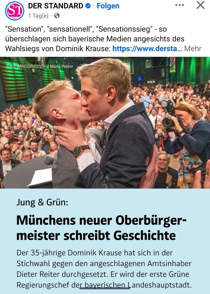 El beso del nuevo alcalde de Munich a su pareja en el acto donde asumió su victoria, tiene locos a la extrema derecha alemana...🦄
