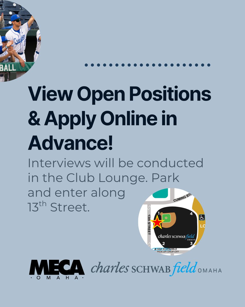 Join our team! 📝 <a href="/CharlesSchwabFO/">Charles Schwab Field Omaha</a> is hosting Open Interviews on April 2!

More information, including open positions and applying in advance, can be found at the link!
📎: omahameca.org/employees/