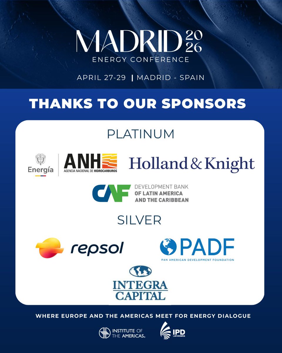 iamericas's tweet photo. ⚡️The #MadridEnergyConference 2026 is made possible by the commitment of our sponsors.

⚡️We are very pleased to count on @ANHColombia, @Holland_Knight, @AgendaCAF, @Repsol, Integra Capital, &amp; Pan American Development Foundation as our 2026 sponsors.

⚡️https://t.co/kU5CIT1zRz https://t.co/218BqvujIN