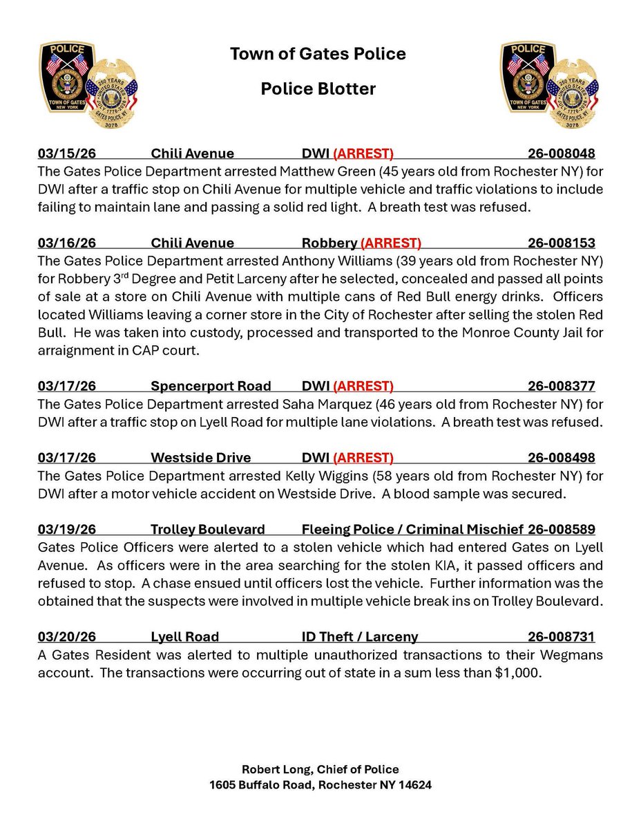 ROCHNYCRIMEINFO's tweet image. #ROC #RochesterNY #GatesNY 
@sfj8888 @acoffey3216 @GatesPolice 
Gates Police Blotter