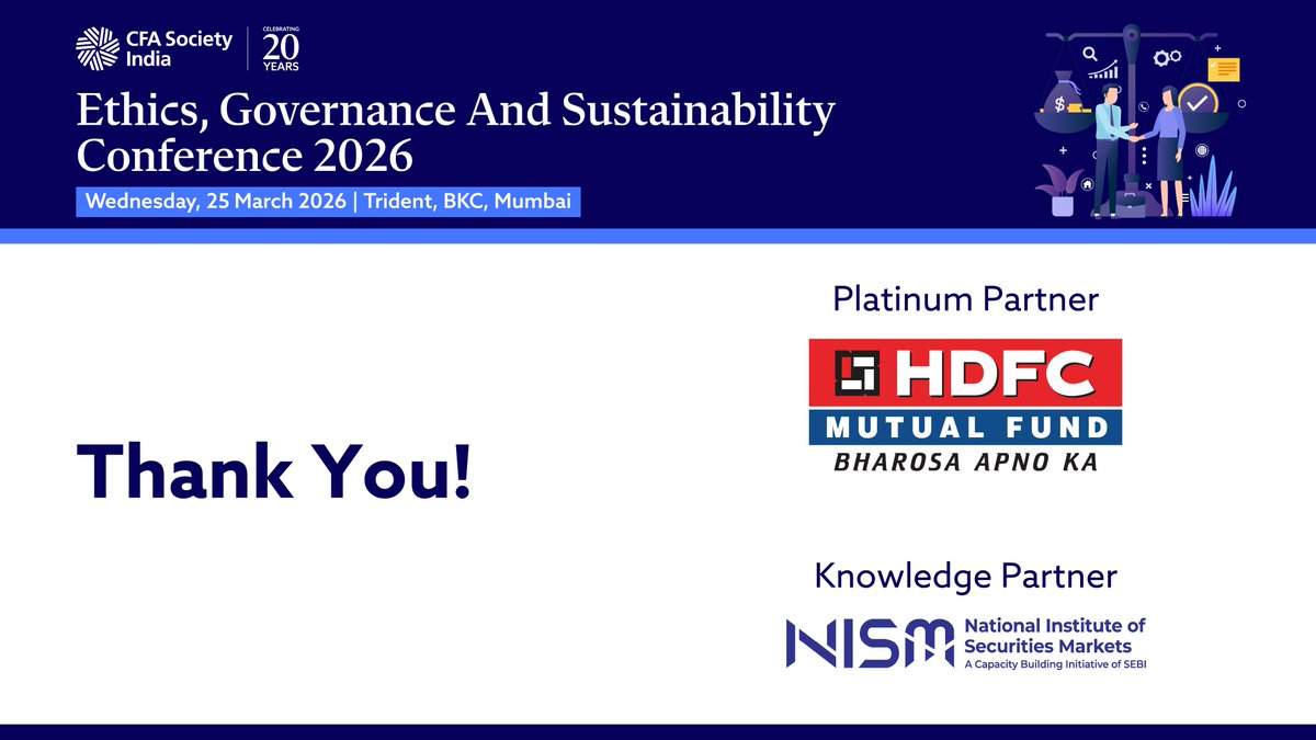 CFASocietyIndia's tweet image. A powerful day of #insights, dialogue &amp;amp; collaboration awaits us at the Ethics, Governance &amp;amp; Sustainability Conference, happening on 25 March 2026 at Trident, BKC. #ESG2026

Thank you to our #partners for supporting us.

Last few seats left! cfasocietyindia.org/events/ethics-…