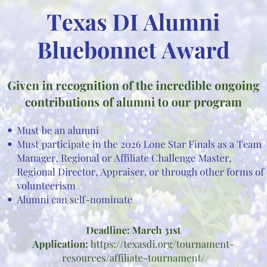 WeAreTexasDI's tweet photo. Hey Texas DI! We are approaching important deadlines before Lone Star Finals so be sure to participate or nominate someone!
🔹Bluebonnet Award - given annually to an outstanding Texas DI alumni (must be participating at Lone Star Finals in some volunteer capacity) https://t.co/4oAaGydg2I