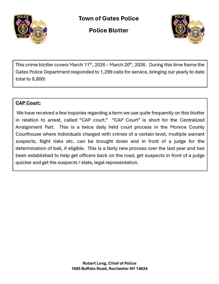ROCHNYCRIMEINFO's tweet image. #ROC #RochesterNY #GatesNY 
@sfj8888 @acoffey3216 @GatesPolice 
Gates Police Blotter