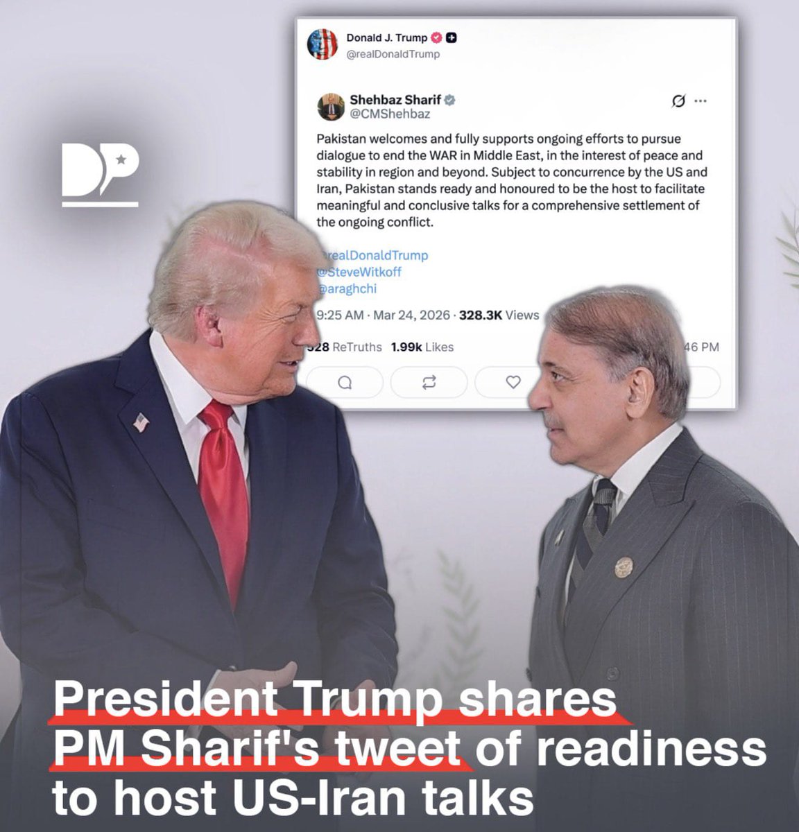 Mohammad776157's tweet photo. صدر ٹرمپ کا وزیراعظم شہباز شریف کے ٹویٹ کو ری پوسٹ کرنا مطلب پاکستان کی سفاتکاری اور ثالثی کی کوششوں کا باقاعدہ اعتراف ہے فیلڈ مارشل سید عاصم منیر سے اتوار کو گفتگو اب پاکستان کی طرف سے میزبانی کی پیشکش کو صدر ٹرمپ نے ایک نئی  جہت دی انشااللہ ایران کے ساتھ پہلے سے رابطے موجود ہیں https://t.co/U8GvYNF0lC