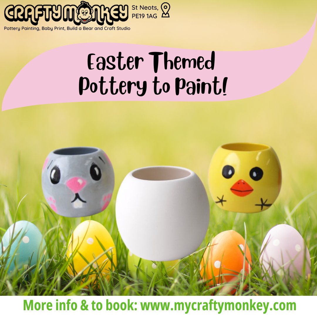 MyCraftyMonkey's tweet image. Choose your own design – a classic Easter bunny,  mini eggs, or a cheeky little chick and make it totally yours. Perfect for gifts, decorations, or just a fun creative treat! 🖌️
#EasterPottery #PotteryPainting #CraftyMonkeyFun #EasterCrafts #GetCreative #PotteryLove #EasterDIY