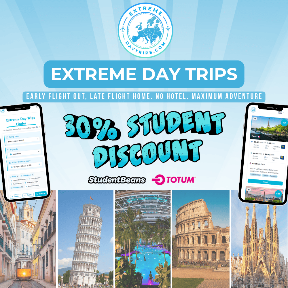 ExtremeDayTrips's tweet photo. £30-£50 return flights. A full day in Europe. No hotel needed.

Students can now get 30% off the Extreme Day Trip Finder tool that helps find the real gems 🎓

Where will you go when you start exploring Europe, one day at a time ✈️ https://t.co/QRdGCp2zeg