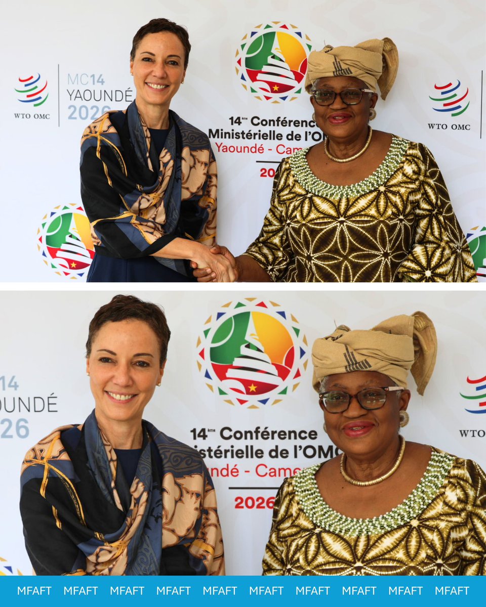 mfaftja's tweet photo. Foreign Minister Senator the Honourable @kaminajsmith met with Director-General of the World Trade Organization (WTO), Dr. Ngozi Okonjo-Iweala, to discuss Jamaica’s role at the 14th Ministerial Conference of the #WTO taking place in Yaoundé, Cameroon, where Jamaica will serve as Vice-Chair as well as Minister Facilitator on E-commerce.

1/2
