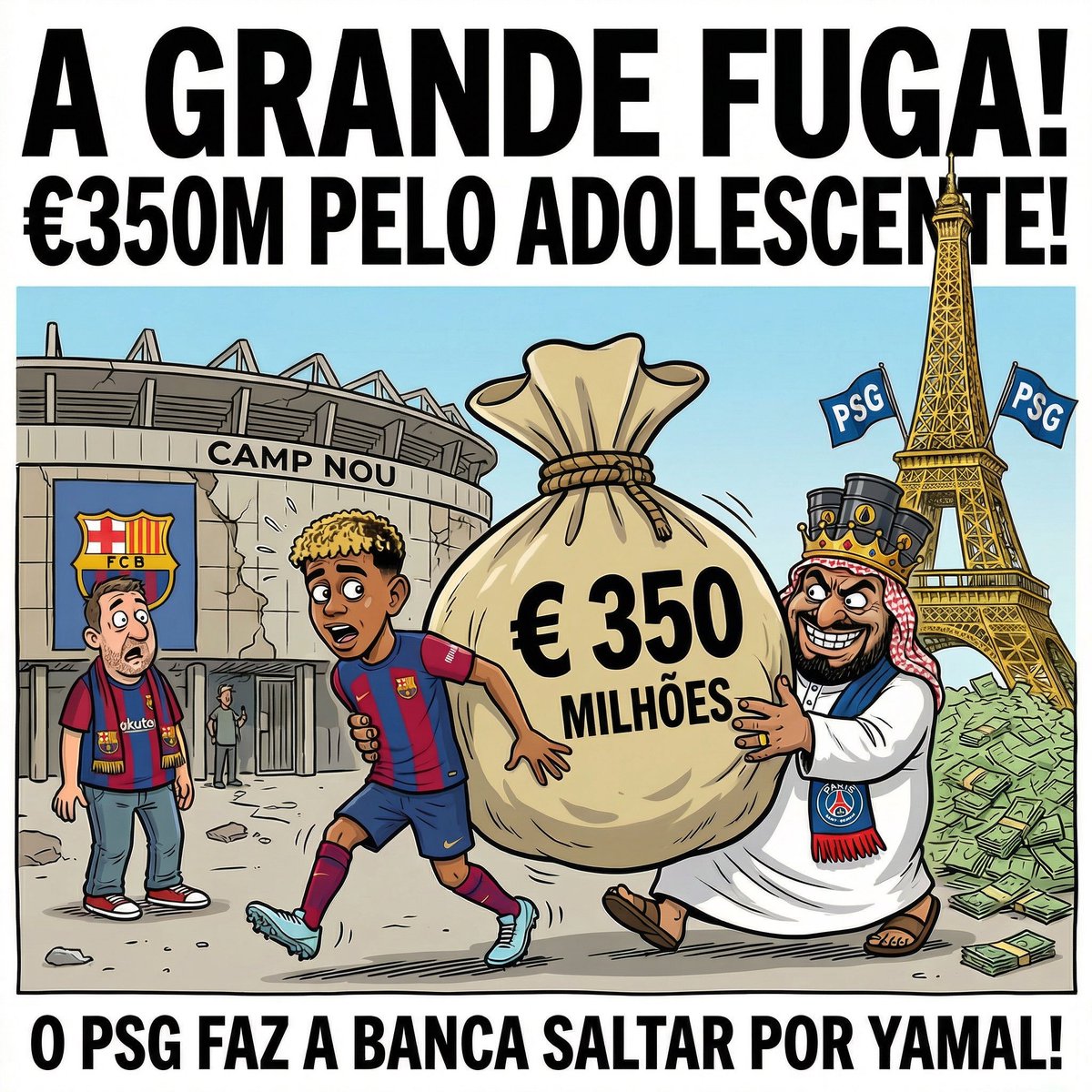 Betanogool's tweet photo. 🚨 MERCADO DA BOLA! 🇪🇺

O Paris Saint-Germain está disposto a pagar a quantia absurda de € 350 milhões para contratar o extremo do Barcelona, Lamine Yamal. 🇪🇸🔥 https://t.co/uTRfrmWAYN