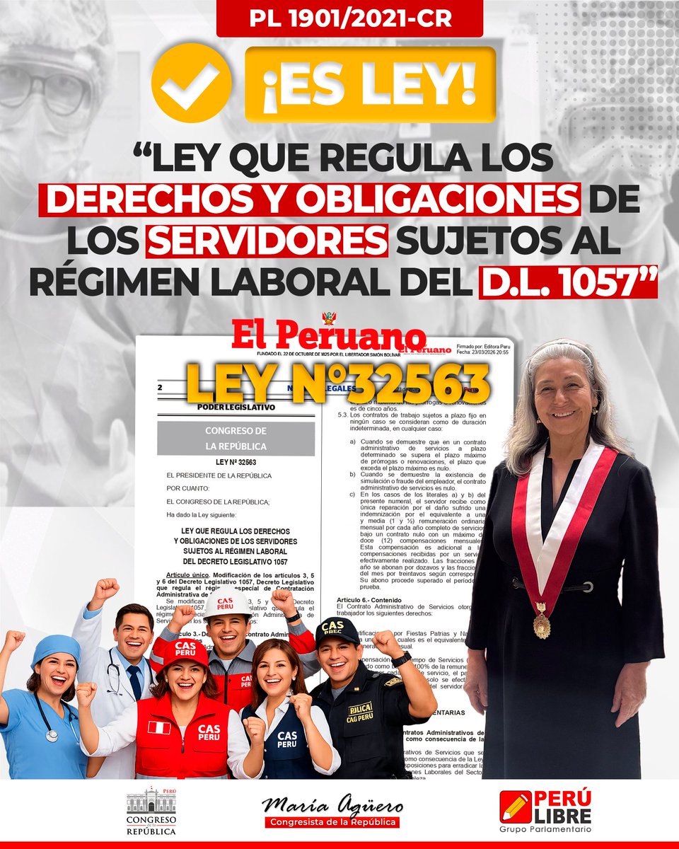 📢 Se publicó la Ley N.° 32563
Un avance clave para trabajadores CAS: reconoce derechos como gratificaciones por Fiestas Patrias y Navidad.
👏 Seguimos impulsando justicia laboral y mejores condiciones en el sector público.