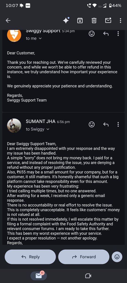 SjSumant's tweet image. Swiggy denying refund without proper justification is unacceptable.
₹655 may be small for you, but it matters to customers.
No calls answered, no proper resolutio just a generic reply.
This is not customer service.
#SwiggyComplaint #RefundDenied #CustomerRights #ResolveMyIssue