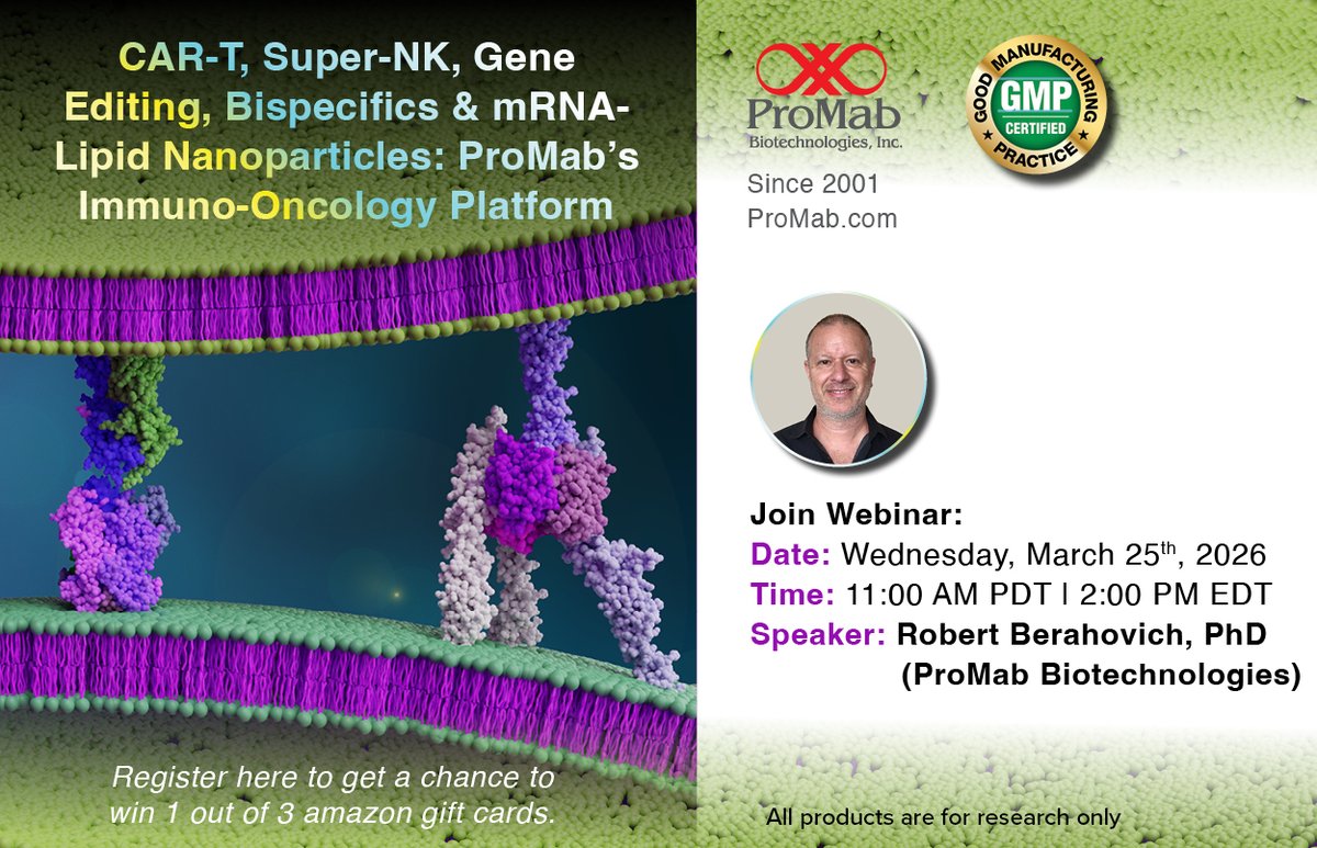 ProMabBiotech's tweet photo. 🚀🔥🧬 Join our webinar to learn all about ProMab’s immuno-oncology technologies and services!
📅 Wednesday, March 25, 2026 | ⏰ 11 AM PDT / 2 PM EDT
🎤 Robert Berahovich, PhD
🎁 Register now for a chance to win 1 of 3 Amazon gift cards!
👉🔗  https://t.co/CI0xgQzTTT
#Webinar https://t.co/BbqmFn5IWs