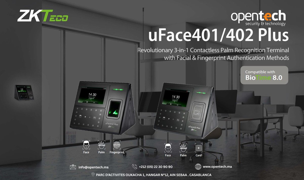 _OPENTECH_'s tweet photo. 🚀 uFace 401/402 Plus de ZKTeco 🔐
Biométrie avancée : 👤 visage | 🖐️ paume | 👆 empreinte | 💳 carte
⚡ Rapide, sécurisé &amp; anti-spoofing
🔋 Batterie intégrée (4h)
#ZKTeco #Biometrie #ControleAcces #TechMaroc #opentech https://t.co/UAbvo6AZHl