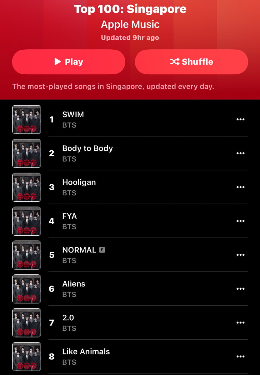 BANGTANSG's tweet photo. BTS ‘ARIRANG’ all-kill on Apple Music Singapore

All the hard work is from our SG ARMY! Thank you for showing so much love, keep streaming and supporting for @BTS_twt ! 💜

Top 100: SG &amp; Songs

Big thanks to @suibiansays for nudging us to celebrate this achievement together! 🥳🫶🏻 https://t.co/KaqETPwcL3