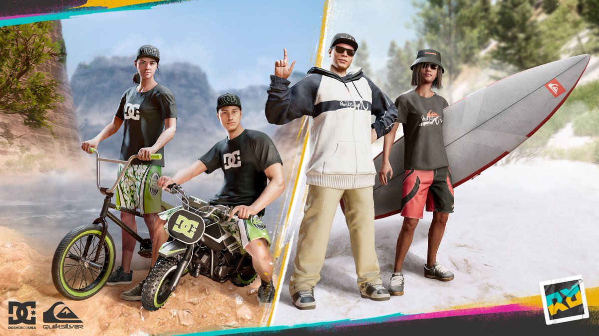 Riders_FR's tweet photo. Quiksilver et DC, 2 marques légendaires du surf et du skate, débarquent dans Riders Republic ! 😍
Équipements, vêtements et jouets exclusifs vous attendent déjà en jeu 🚴🏂 https://t.co/9Ms4PEv4Ro