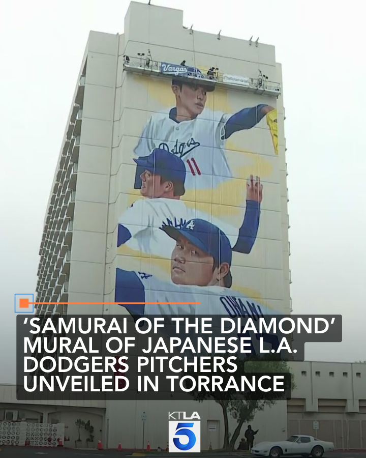 KTLA's tweet photo. Known as “Samurai of the Diamond,” muralist Robert Vargas’ latest work honors the trio of Japanese pitchers that have catapulted the Dodgers to recent success: Shohei Ohtani, Yoshinobu Yamamoto and Roki Sasaki. https://t.co/LGKPASYoQh https://t.co/8HdAg00XQ0