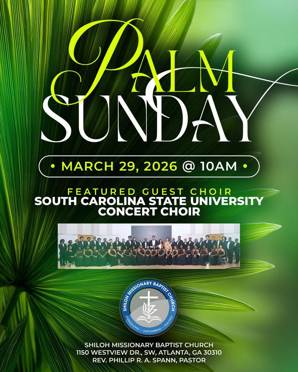 THIS SUNDAY! JOIN US AS THE SHILOH MISSIONARY BAPTIST CHURCH (PASTOR PHILLIP SPANN '01) WELCOMES SC SCATE'S GOSPEL CHOIR DONATIONS ARE WELCOME! DETAILS: conta.cc/4uI8C0O #WeAreState #SCSUNAA #AtlantaChapterSCSUNAA #PalmSunday #HBCU #Gospel