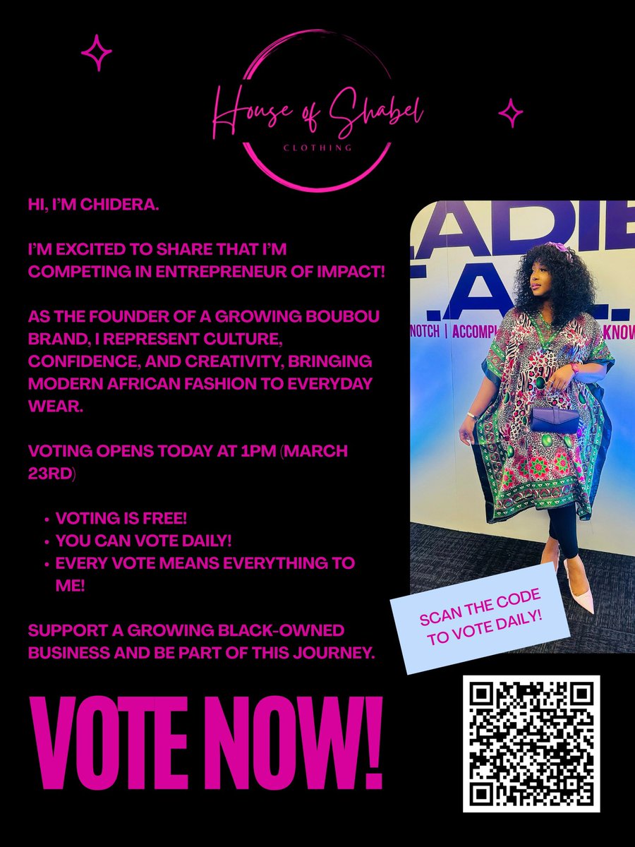 cheedeera's tweet photo. I’m excited to share that I’m competing in Entrepreneur of Impact! ✨

As the founder of a growing boubou brand, I represent culture, confidence, and creativity, bringing modern African fashion to everyday wear.

Vote daily! 

🔗 Vote here:
https://t.co/QsFU2uemd8 https://t.co/nhscYJv8m3