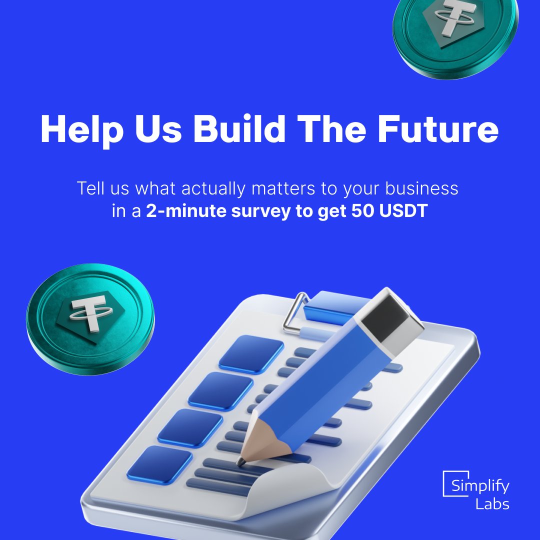 simplifylabs_io's tweet photo. Yo, Simplify Labs fam! 🚀

We’re on a mission to build the best crypto infrastructure in the game, and we need your help to make sure we’re building exactly what you need.

We just launched a super quick community survey. Tell us about your business goals and what products you care about most. It only takes 2 minutes.

💰 The Perk: To show our appreciation, we’re giving 50 USDT EACH to the three best/most detailed respondents.

Help us level up! 
https://t.co/m6wwHxHYnw