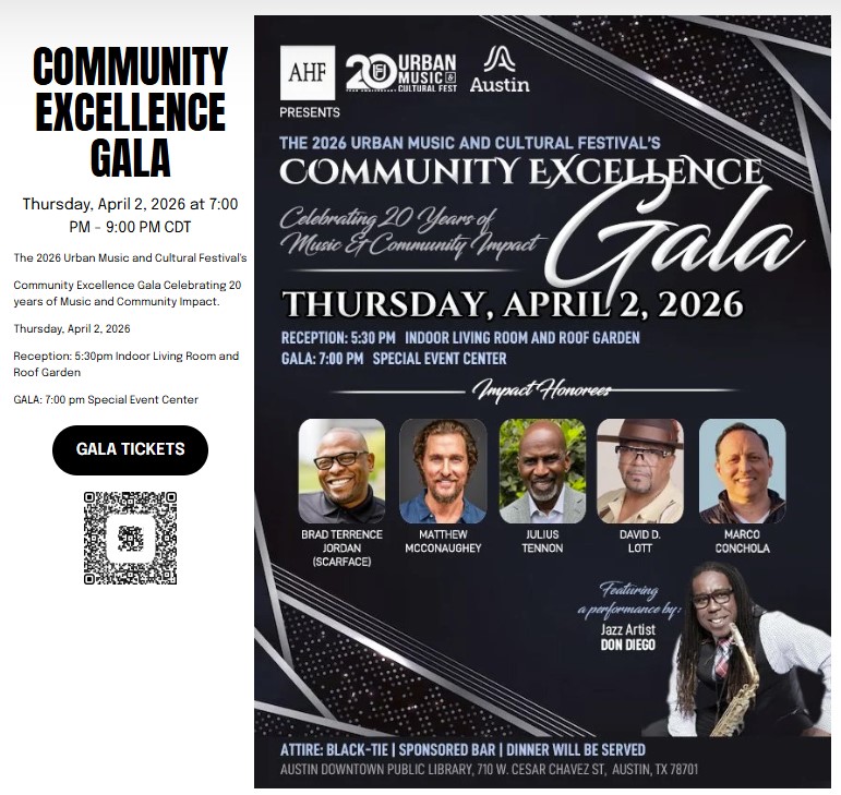 AAULYP's tweet photo. What are your plans April 2–4? 👀 Join us for the Community Excellence Gala 🥂, Health &amp; Job Fair 💼, and Urban Music Fest 🎶—a FULL weekend of vibes 🔥 #ATXEvents #WeekendPlans #AustinTX #UrbanCultureFest #CommunityLove #HealthAndWealth #FestivalSeason #BlackJoy #AustinVibes https://t.co/zh6e4qcOp3