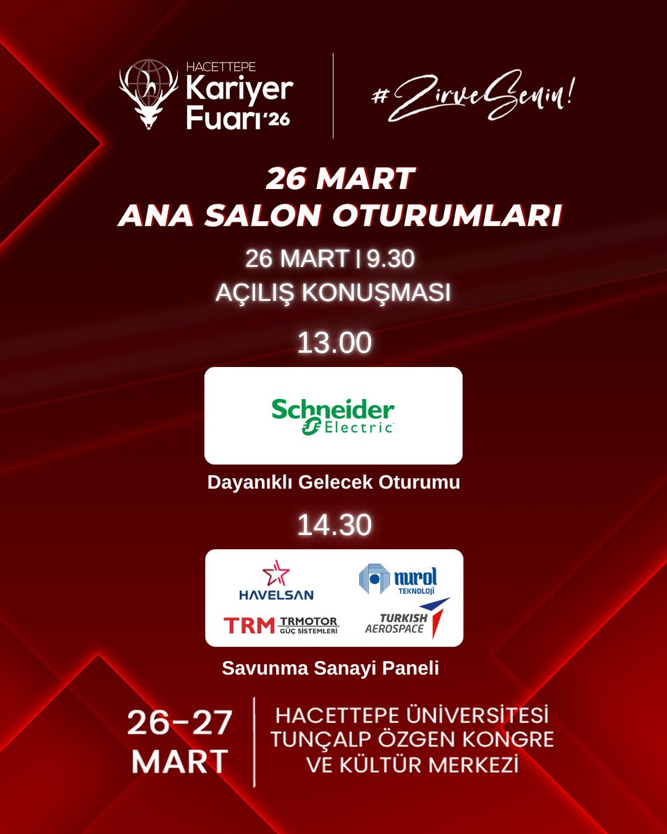 HUKSF's tweet photo. Hacettepe Kariyer Fuarı’26 birbirinden değerli ana salon konuşmacılarıyla karşınızda!

26 Mart tarihinde Tunçalp Özgen Kongre ve Kültür Merkezi Ana Salonda gerçekleşecek oturumlarımız sizlerle!✨ https://t.co/4ygd9vzmxd