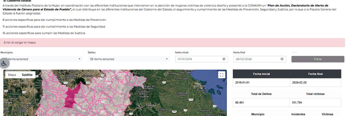 Ayuda <a href="/FiscaliaPuebla/">FGE Puebla</a> No se puede consultar la Georreferenciación Violencia de Género por un error en el mapa. 🙏