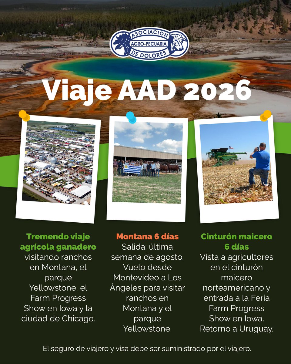 aad_dolores's tweet photo. 🇺🇸VIAJE A USA 2026: salida última semana de agosto

🌱Viví el agro a otro nivel: 

🗺️Montana, Yellowstone, Farm Progress Show y el cinturón maicero de EE.UU. en un solo viaje.

📍 Cupos limitados y precio preferencial hasta el 31 de marzo

📲 Consultas y reservas al 099 534 022 https://t.co/3x8eKSq184
