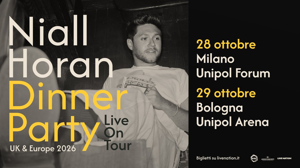 LiveNationIT's tweet photo. Niall Horan annuncia Dinner Party Live On Tour con due imperdibili date in Italia!

28 ottobre 2026 - Milano, Unipol Forum
29 ottobre 2026 - Bologna, Unipol Arena

🎟 Info e biglietti disponibili su https://t.co/KshvOrgcul https://t.co/23LjPUMqO1