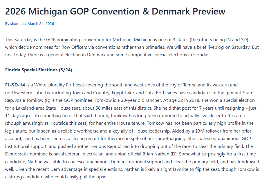 RRHElections's tweet photo. We have previews of 3 legislative special elections in Florida, today's elections in Denmark, and this Saturday's Michigan GOP convention to decide #MIAG and #MISoS nominees here: https://t.co/5ADVfGh8BB https://t.co/aNhlacWXIq
