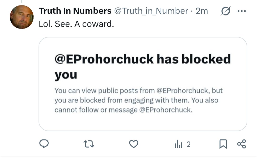3action's tweet photo. @EProhorchuck @Truth_in_Number @FOX29philly You really showed him that you're unafraid to answer a simple question about your post.

Totally proving you're not a coward. (Sarcasm)

Way to go, @EProhorchuck. https://t.co/X50dF8Jipf