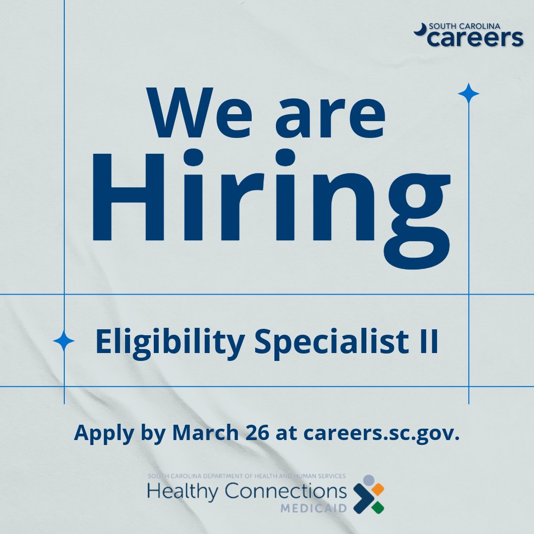 CareersSCGov's tweet image. Join the @scmedicaid team in Spartanburg County! They are searching for an Eligibility Specialist II to be the front-line of beneficiary access to the Medicaid program. Apply by March 26 at bit.ly/4bSkYvT. #SCCareers #JoinOurTeam