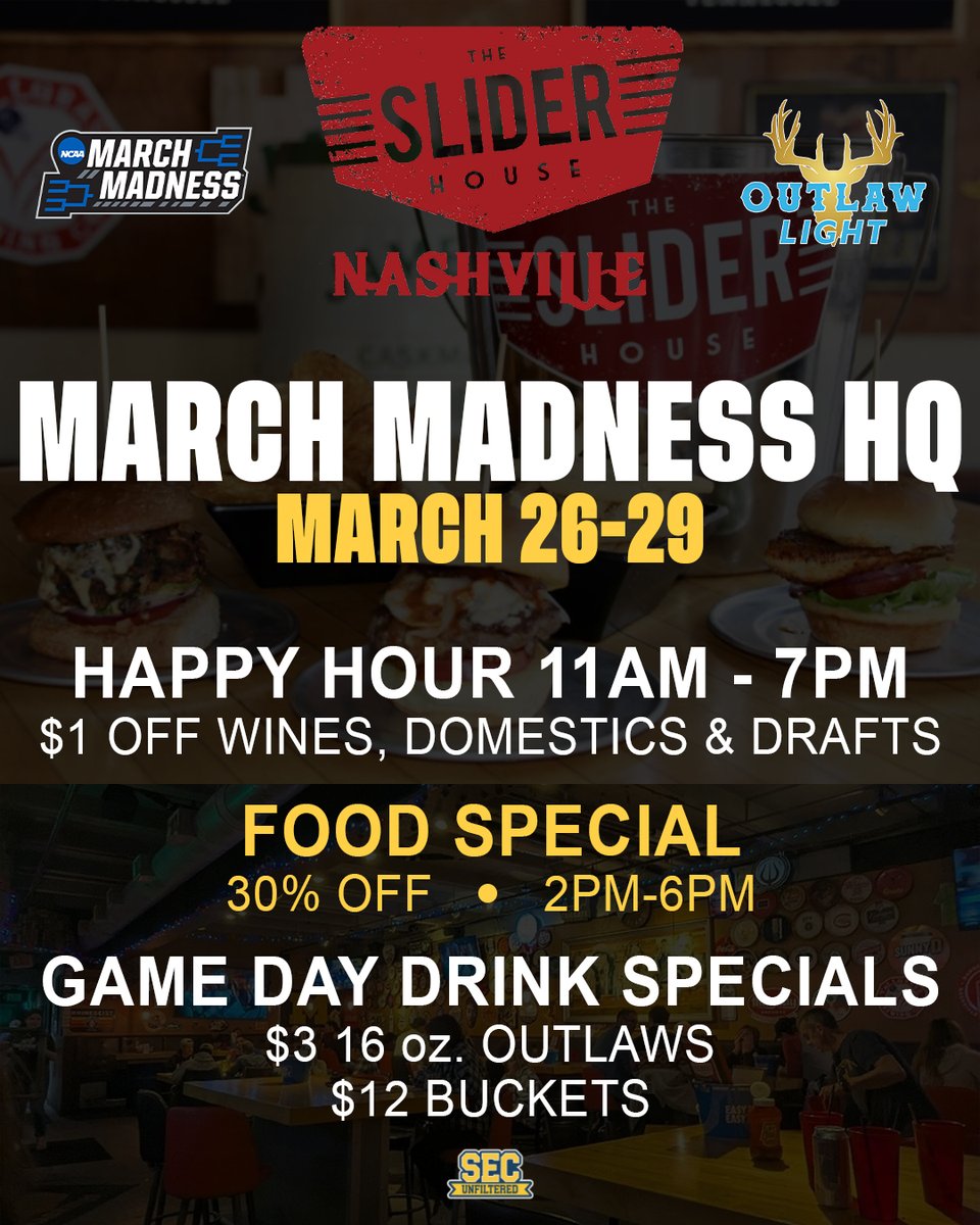 SECUnfiltered's tweet photo. 🏀 MARCH MADNESS HQ 🏀

📍 The Slider House Nashville
🗓️ March 26th-29th
🍻 Happy Hour 11 AM-7 PM
🤠 $3 16 oz. @outlawlightbeer
 
🍔 30% off food 2-6 PM

We're running it back at @SliderHouseNSH to watch the Sweet 16/Elite 8 action this weekend!

See y’all there! Let’s get it! https://t.co/gPpaPMlGoh