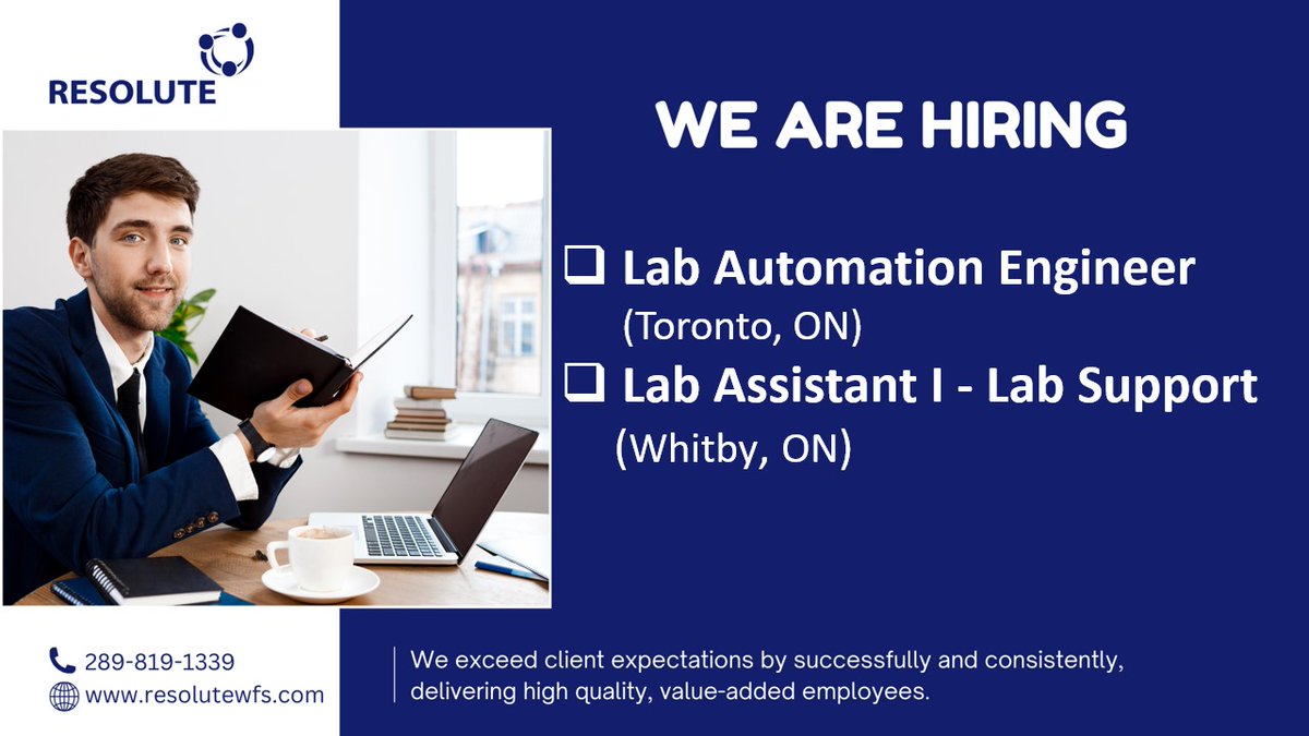 ResoluteWfs's tweet photo. Lab Automation Engineer, Toronto, ON.
https://t.co/Ygxf69bUKp
Lab Assistant I - Lab Support, Whitby, ON. 
https://t.co/tZZEMks3ax

#hiringalert #automation #hamiltonsystem #labassistant #labsupport https://t.co/xVeLiy6rNf