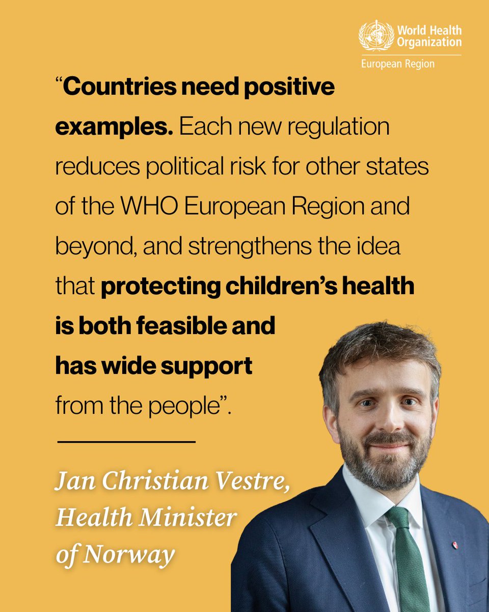 WHO_Europe's tweet image. Protecting children’s health is achievable! Norway’s ban on marketing unhealthy foods to children inspires action across the Region.

Countries need more such examples, says Norway’s Health Minister Jan Christian Vestre.

Read more: bit.ly/4t0hrkR

#Norway #NCDs #obesity