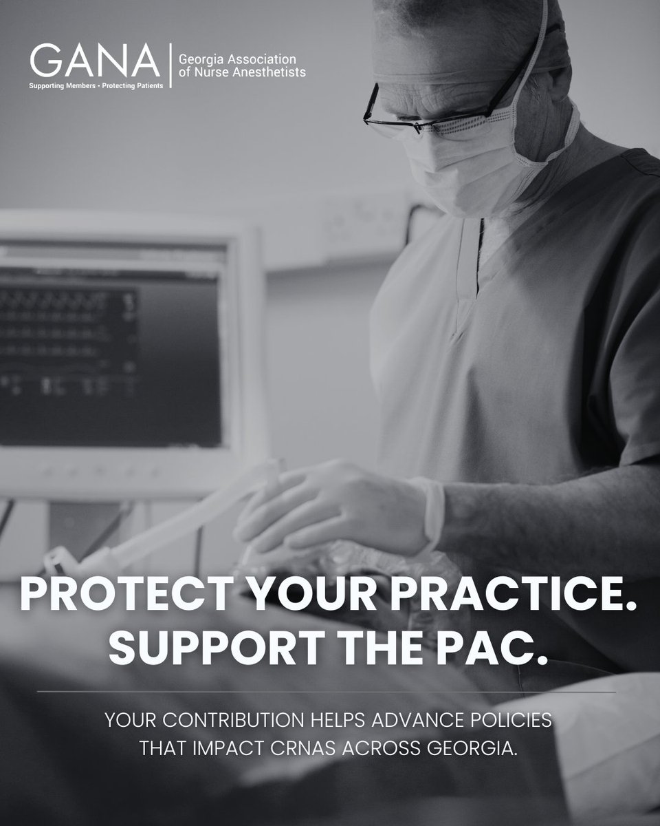 GeorgiaCRNA's tweet photo. Advocacy doesn’t happen on its own.
Your support of the GANA PAC helps advance policies that directly impact CRNA practice across Georgia—protecting your profession today and for the future.
👉 Make your impact: https://t.co/hDPBgTrhtn https://t.co/Mnkznlp8i1