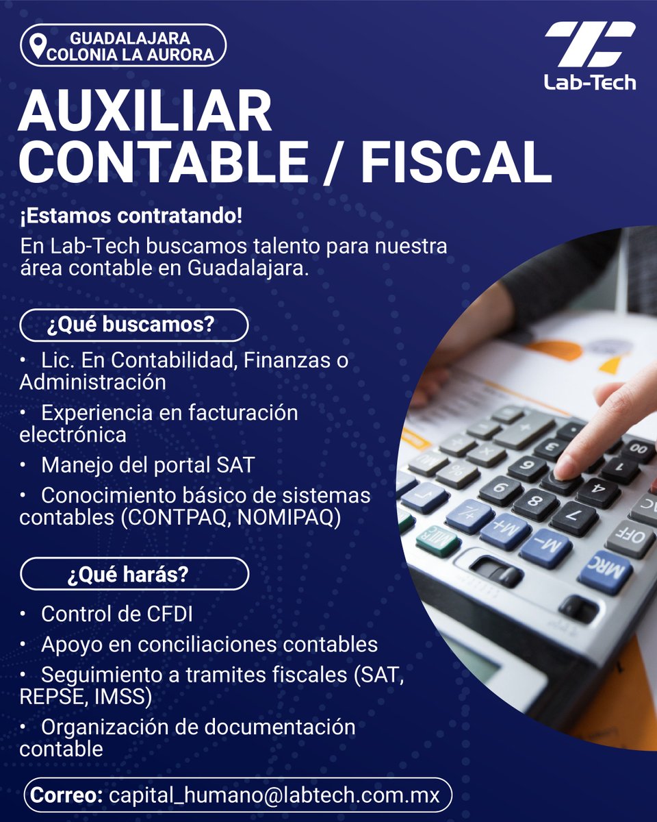 LabTechMexico's tweet photo. 📊 Vacante: Auxiliar Contable / Fiscal

Experiencia en facturación, SAT y sistemas como CONTPAQ.

📍 Guadalajara
📩 Envía tu CV: capital_humano@labtech.com.mx
#Vacante #Contabilidad #Empleo #LabTech https://t.co/4Dd3W5TGt3