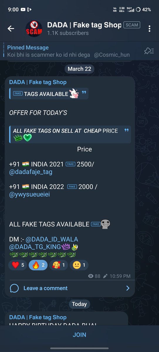 priyam91069's tweet image. URGENT: This channel t.me/faketagshop is openly selling FAKE Indian IDs and illegally modified accounts. Even with a [SCAM] tag, they are operating freely. @Telegram @Telegram_Support @durov, why is this security threat still active? #CyberCrime #TelegramScam #ReportScam