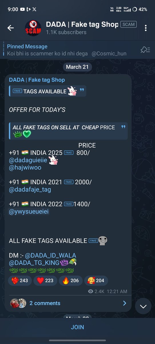 priyam91069's tweet image. URGENT: This channel t.me/faketagshop is openly selling FAKE Indian IDs and illegally modified accounts. Even with a [SCAM] tag, they are operating freely. @Telegram @Telegram_Support @durov, why is this security threat still active? #CyberCrime #TelegramScam #ReportScam