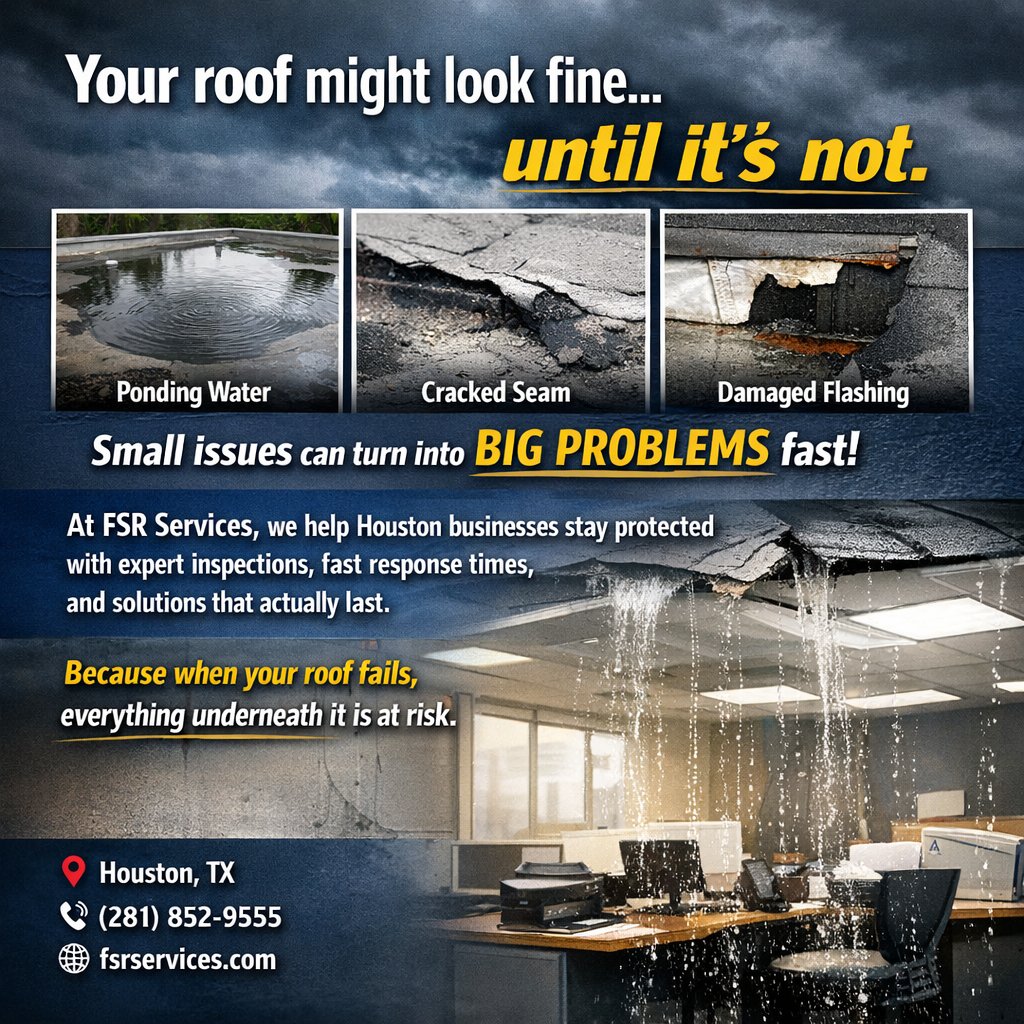 Your roof might look fine… until it’s not.
Small issues turn into big problems fast—especially for commercial properties.
When your roof fails, everything underneath it is at risk.

📍 Houston, TX
📞 (281) 852-9555
🌐 fsrservices.com

#CommercialRoofing #FSRservices