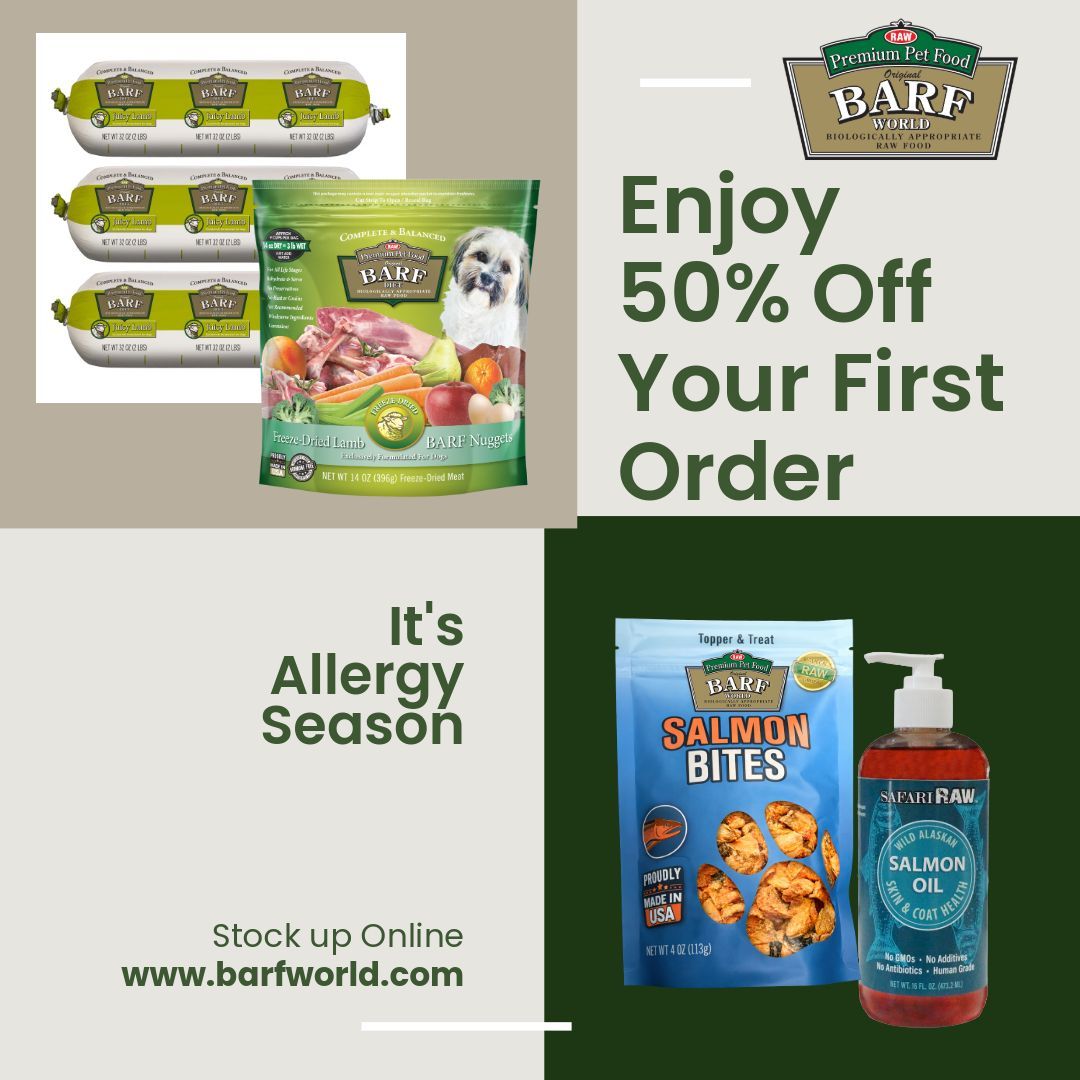BARFWorld's tweet image. Allergy season is right around the corner! Make sure to stock up on our allergy friendly supplements and diets. Score 50% off your first order when you subscribe; then get 5% off all orders after*! 

#HealthyDogFood #DogNutrition #PetWellness #DogHealth #BalancedDiet