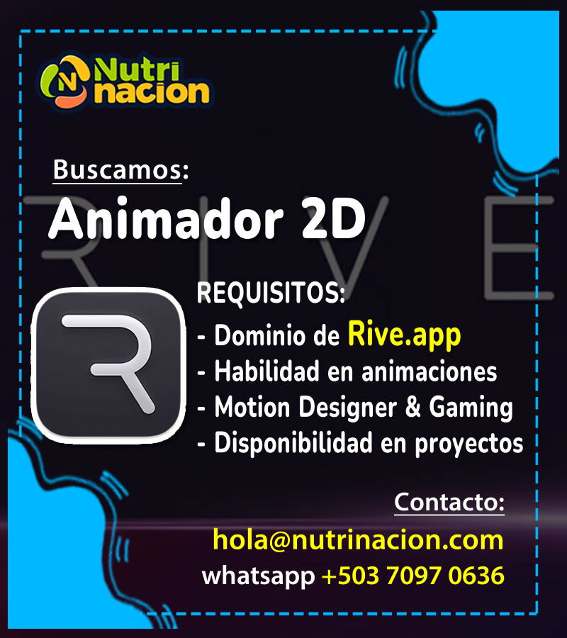 nutrinacion_'s tweet photo. Buscamos talento: #Animador2D

- Dominio en @rive_app  (o After Effects)
- Motion Designer Gamification.
- Disponibilidad de tiempo.

Comparte tu portafolio (link): hola@nutrinacion.com

#Gamificacion #2DAnimator #Animation2D #Rive #MotionGraphics #Riveapp #AfterEffects #Animador https://t.co/sYPnAldZuW